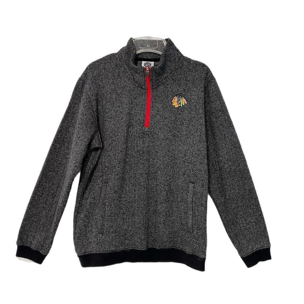 Chicago Blackhawks Womens 1/4 Zip Pullover Sweater M 8-10 Black Herringbone